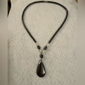 Hematite tear drop pendant necklace w/hematite cylinder beads & baroque pearls